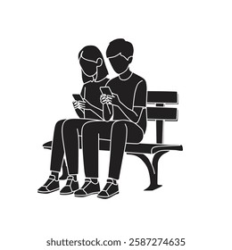 vector silhouette illustration of teenagers sit on chair and looking their smartphone