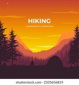 Ilustración de silueta vectorial de la tienda sobre el fondo de las montañas. Ilustración de paisaje vectorial para afiches, imágenes, diseño, fondo, papel pintado. 