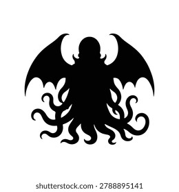 Vector silhouette illustration of a tentacle monster representing cosmic horror creature design and eldritch themes, isolated on a white background. Ideal for horror game design resources, cosmic horror guides, tentacle creature graphics, and eldritch illustration materials.