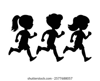 Vector silhouette illustration of three children running side by side. Perfect for use in fitness, sports, education, or teamwork-related designs. Ideal for posters, banners, or children's activity 