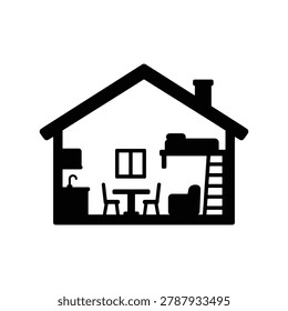 Vector silhouette illustration of a tiny house interior representing smart compact living design, isolated on a white background. Perfect for architecture design resources, tiny living guides, compact home illustration projects, and minimalist housing graphic materials.