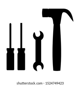 Vector silhouette illustration, tools for repairs, wrenches, screwdrivers, pliers and hammers. With a white background