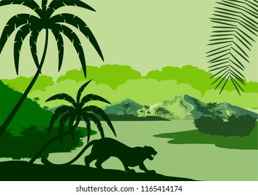 vector silhouette illustration of tropical lake with mountains, trees and leopards silhouettes in jungle rainforest wetland