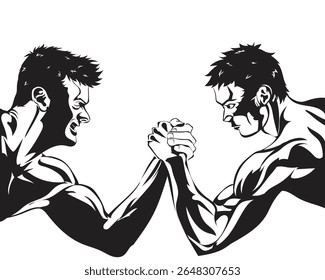 Vector silhouette illustration of two muscular men arm wrestling, symbolizing strength, power, challenge, and teamwork. Ideal for sports, gym, fitness, or motivational design themes