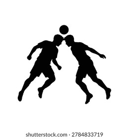 Vector silhouette illustration of two players competing in a football header duel, isolated on a white background. Suitable for football design resources, aerial challenge guides, heading duel graphics, and competitive football illustration materials.