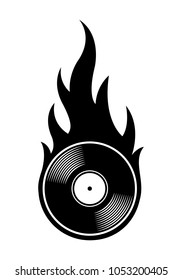 Vector silhouette illustration of vintage retro vinyl record icon with simple flames. Ideal for stickers, decals, casino poker logo design element and any kind of decoration.