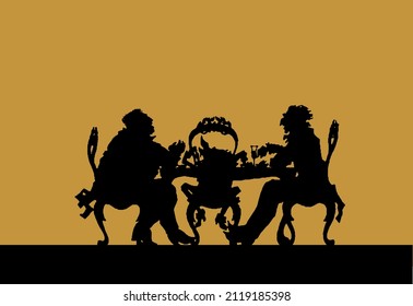 Vector silhouette illustration in vintage style with a plot from a fairy tale with a freak and men 