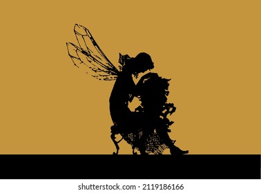 Vector silhouette illustration in vintage style with a plot from a fairy tale with a fairy and freak