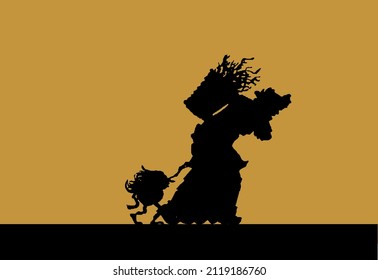 Vector silhouette illustration in vintage style with a plot from a fairy tale with an old woman and freak 