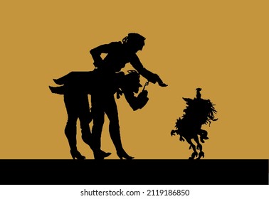 Vector silhouette illustration in vintage style with a plot from a fairy tale with a freak and men 