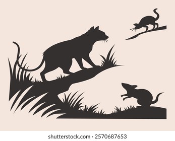 Vector Silhouette Illustration: A Wild Cat Hunting a Rat or Mouse