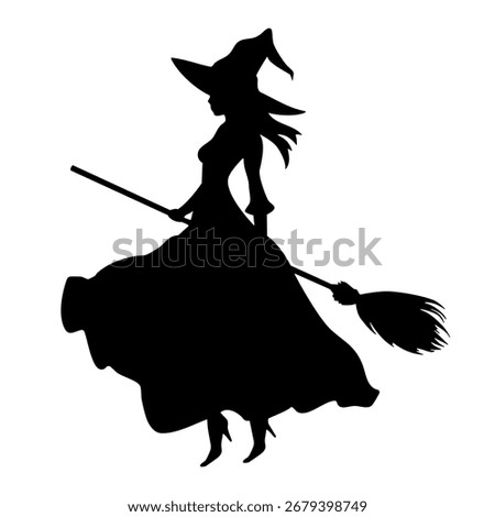 Vector silhouette illustration of a witch with hat and broom, elegant Halloween character design in black, mystical magical artwork for spooky holiday decoration and fantasy theme