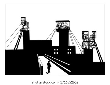 Vector Silhouette Illustration Of A Woman Walking On A Bridge In Industrial Town With Coal Mining Structural Headframes Above Mine Shaft. Metallurgy Concept