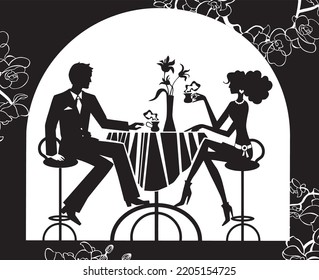 Vector silhouette illustration of young couple drinking coffee in cafetiria