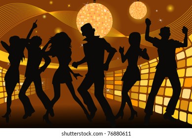 A vector silhouette illustration of young people partying and dancing in a disco club