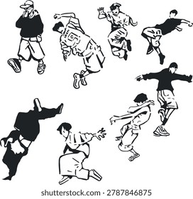 Vector silhouette illustrations of dancers in dynamic breakdance and hip hop poses, symbolizing energy, rhythm, and modern street culture.