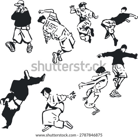 Vector silhouette illustrations of dancers in dynamic breakdance and hip hop poses, symbolizing energy, rhythm, and modern street culture.