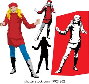 Vector silhouette and illustrations of tall young female