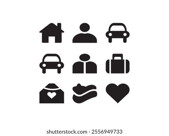 A vector silhouette image of a black filled icons set with a white background. The icons include a house, a person, a car, a suitcase, and a heart.