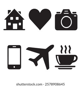 A vector silhouette image of a Black Filled Icons Home, Heart, Star, Camera, Plane, Car, Smartphone, and Coffee Cup with a white background