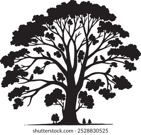 A vector silhouette image of a black tree with a white background.