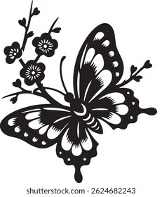 vector silhouette image of a butterfly flying icon in flowers