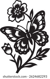 vector silhouette image of a butterfly flying icon in flowers