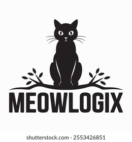 A vector silhouette image of a cat  logo style  with a white background
