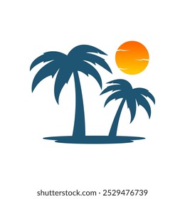 Vector silhouette image of coconut tree and sunset