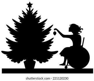 Vector silhouette image of disabled girl decorating the Christmas fir tree