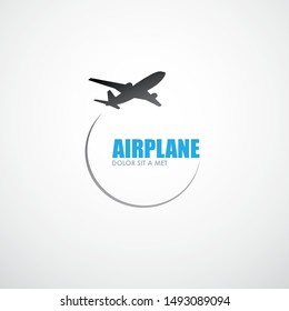 Vector silhouette image of flying airplane. Business jet class air flights. Air cargo transportation by air transport. The logo sign is black airplane on white background with company name