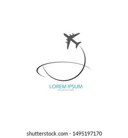 Vector silhouette image of flying airplane. Business jet class air flights. Air cargo transportation by air transport. The logo sign is black airplane on white background with company name