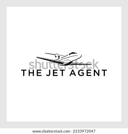  Vector silhouette image of flying airplane. Business jet class air flights. Air cargo transportation by air transport. The logo sign is black airplane on white background with company name