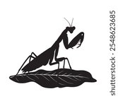 A vector silhouette image of a praying mantis