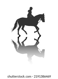 Vector silhouette image of rider on horse with reflection. The rider performs horse training