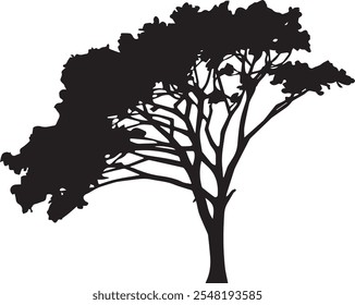 A vector silhouette image of a Single black tree with a white background.