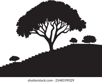 A vector silhouette image of a Single black tree with a white background.