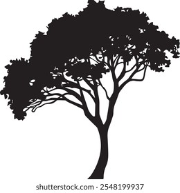 A vector silhouette image of a Single black tree with a white background.