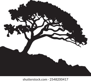 A vector silhouette image of a Single black tree with a white background.