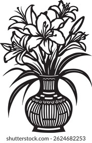 vector silhouette image of a vase icon with flower