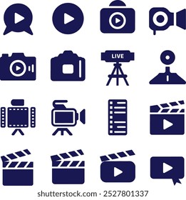  Un conjunto de iconos de jugador de Imagen Video de silueta de Vector. Contiene reproducción o inicio de Botón, pausa o parada, medios, cámara, en vivo, cine, multimedia, película, handycam, clapperboard, película, streaming o en línea 