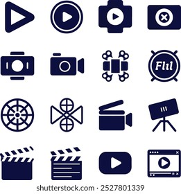  Un conjunto de iconos de jugador de Imagen Video de silueta de Vector. Contiene reproducción o inicio de Botón, pausa o parada, medios, cámara, en vivo, cine, multimedia, película, handycam, clapperboard, película, streaming o en línea 