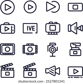  Un conjunto de iconos de jugador de Imagen Video de silueta de Vector. Contiene reproducción o inicio de Botón, pausa o parada, medios, cámara, en vivo, cine, multimedia, película, handycam, clapperboard, película, streaming o en línea 