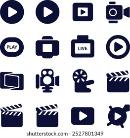  Un conjunto de iconos de jugador de Imagen Video de silueta de Vector. Contiene reproducción o inicio de Botón, pausa o parada, medios, cámara, en vivo, cine, multimedia, película, handycam, clapperboard, película, streaming o en línea 