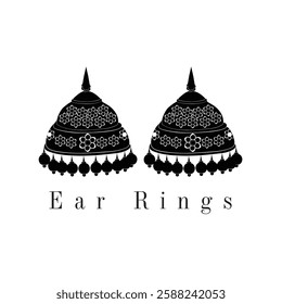 A vector silhouette of Indian pair of ear rings, An illustration of black gold ornament, Vector drawing of woman jewellery