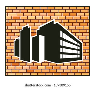 Vector silhouette of an industrial building on a brick wall