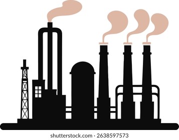 Vector silhouette of an industrial factory with smoke stacks emitting pollution. Ideal for environmental, manufacturing, and air quality concepts in editorial, infographic, or educational design.