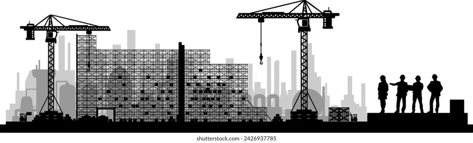 Vector silhouette industry construction industry construction site - group of 4 engineers with construction helmet - team meeting - body