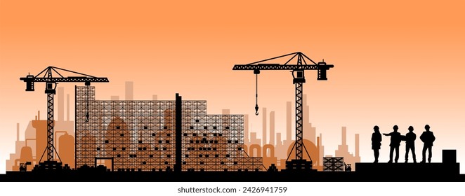 Vector silhouette industry construction industry construction site - group of 4 engineers with construction helmet - team meeting - body