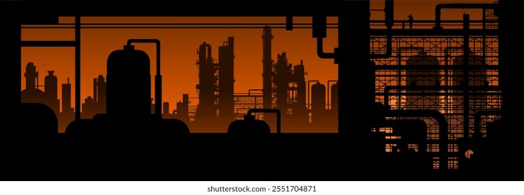 Vector Silhouette Industry - Plant with pipes and technology for production - Raw materials and goods - Construction and development in the competitive global economy